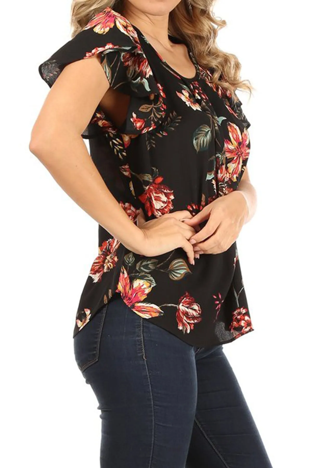 Women's Lightweight Floral Printed Ruffled Short Sleeve Back Tie Casual Blouse Top S-3XL