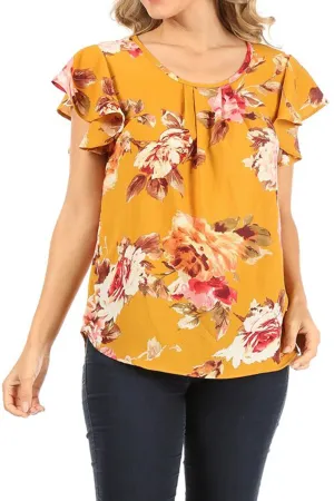 Women's Lightweight Floral Printed Ruffled Short Sleeve Back Tie Casual Blouse Top S-3XL