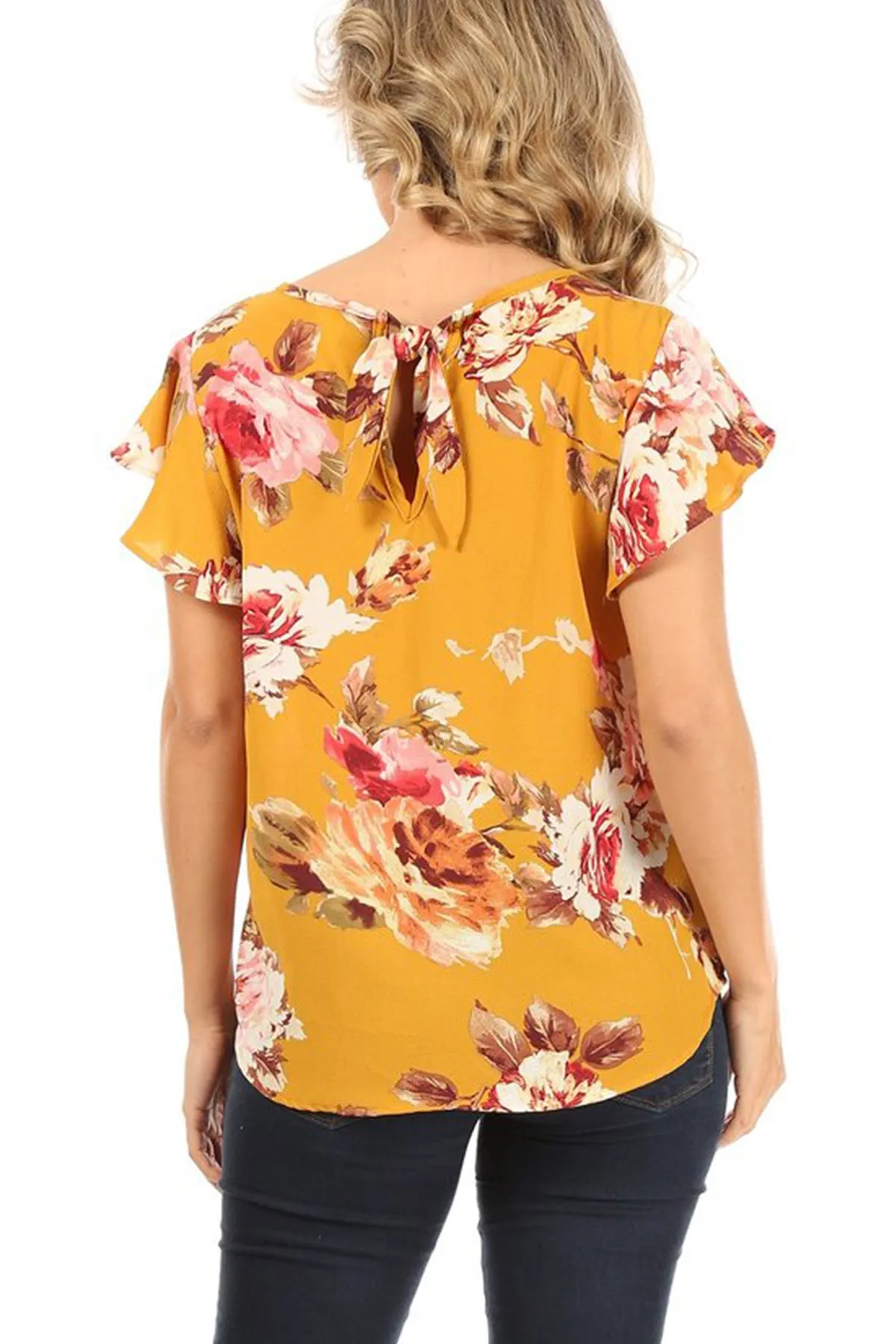 Women's Lightweight Floral Printed Ruffled Short Sleeve Back Tie Casual Blouse Top S-3XL