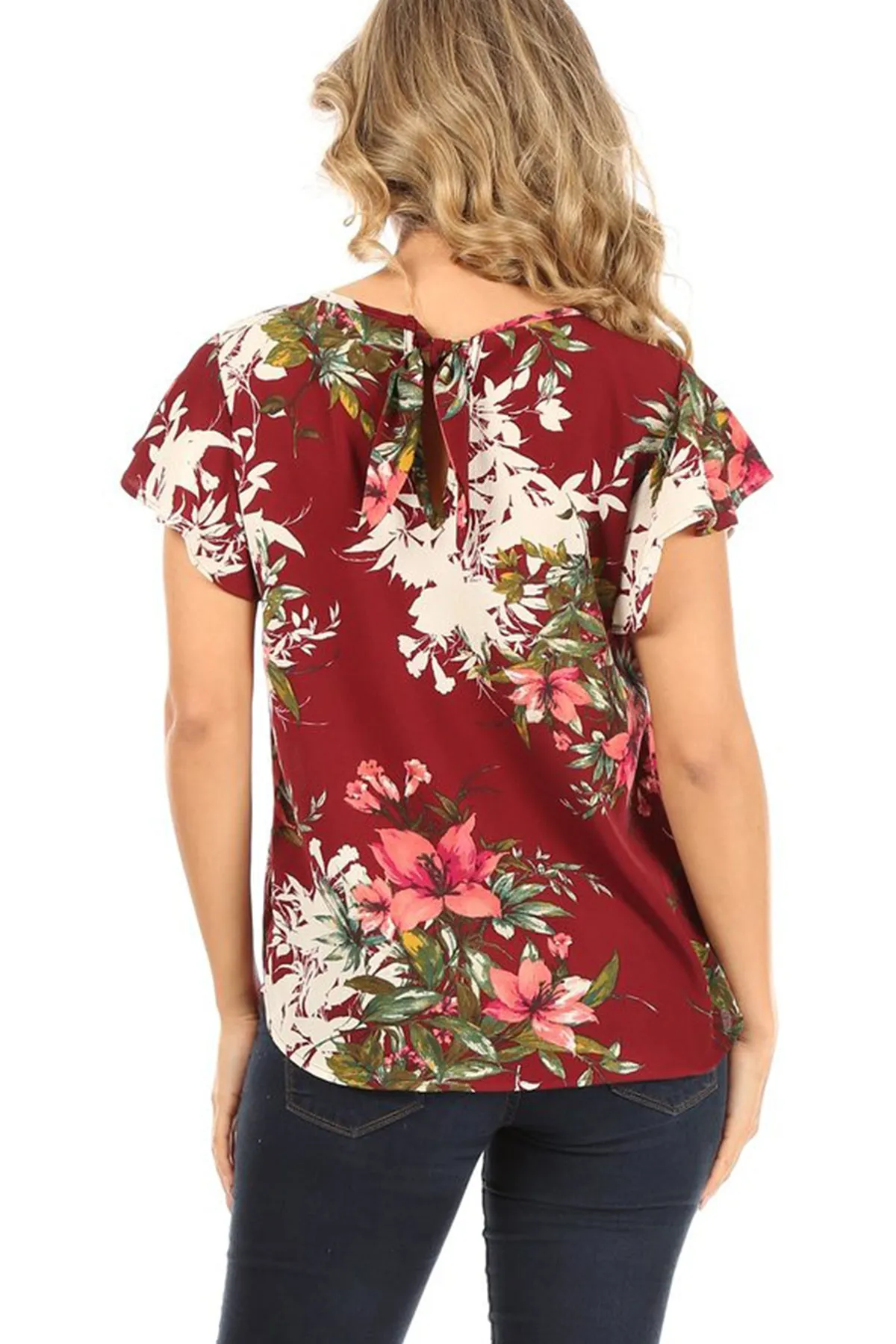 Women's Lightweight Floral Printed Ruffled Short Sleeve Back Tie Casual Blouse Top S-3XL