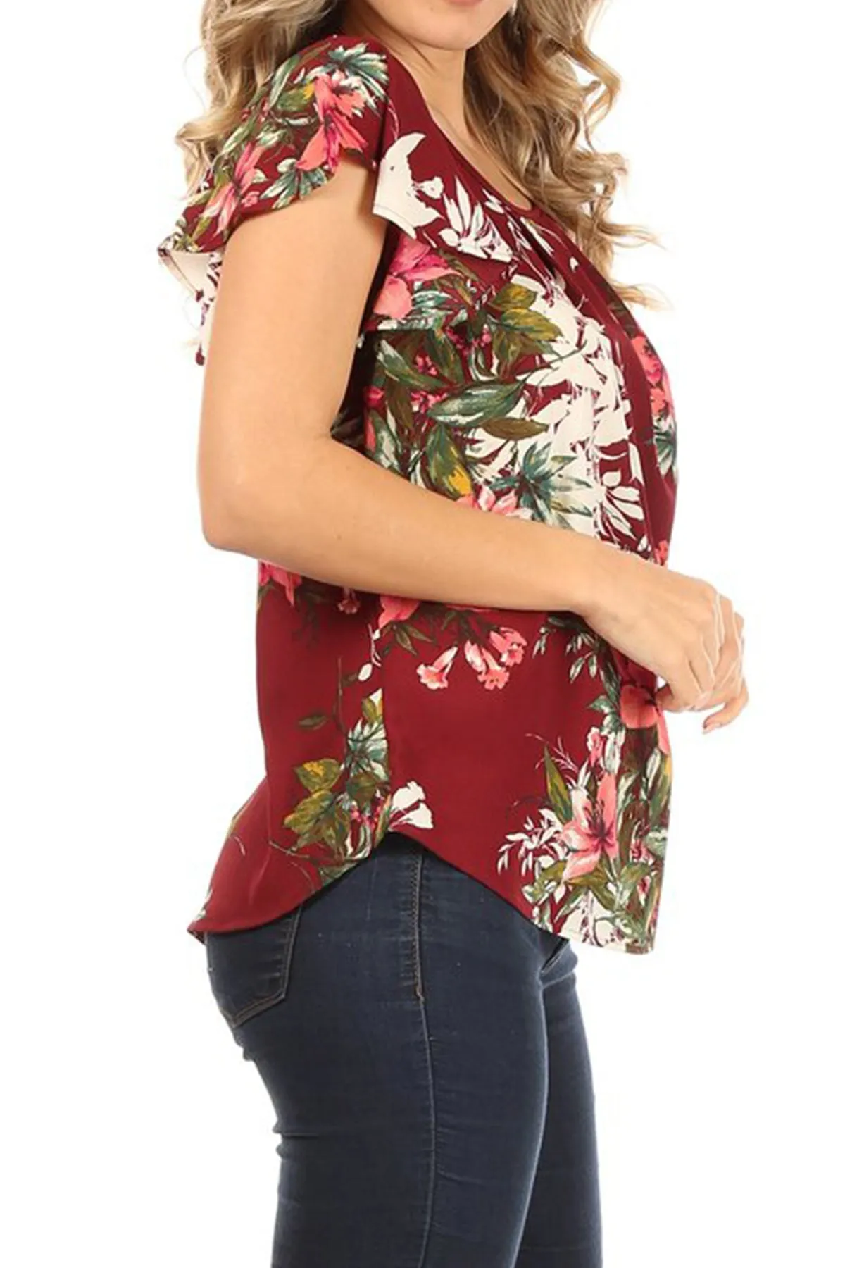 Women's Lightweight Floral Printed Ruffled Short Sleeve Back Tie Casual Blouse Top S-3XL