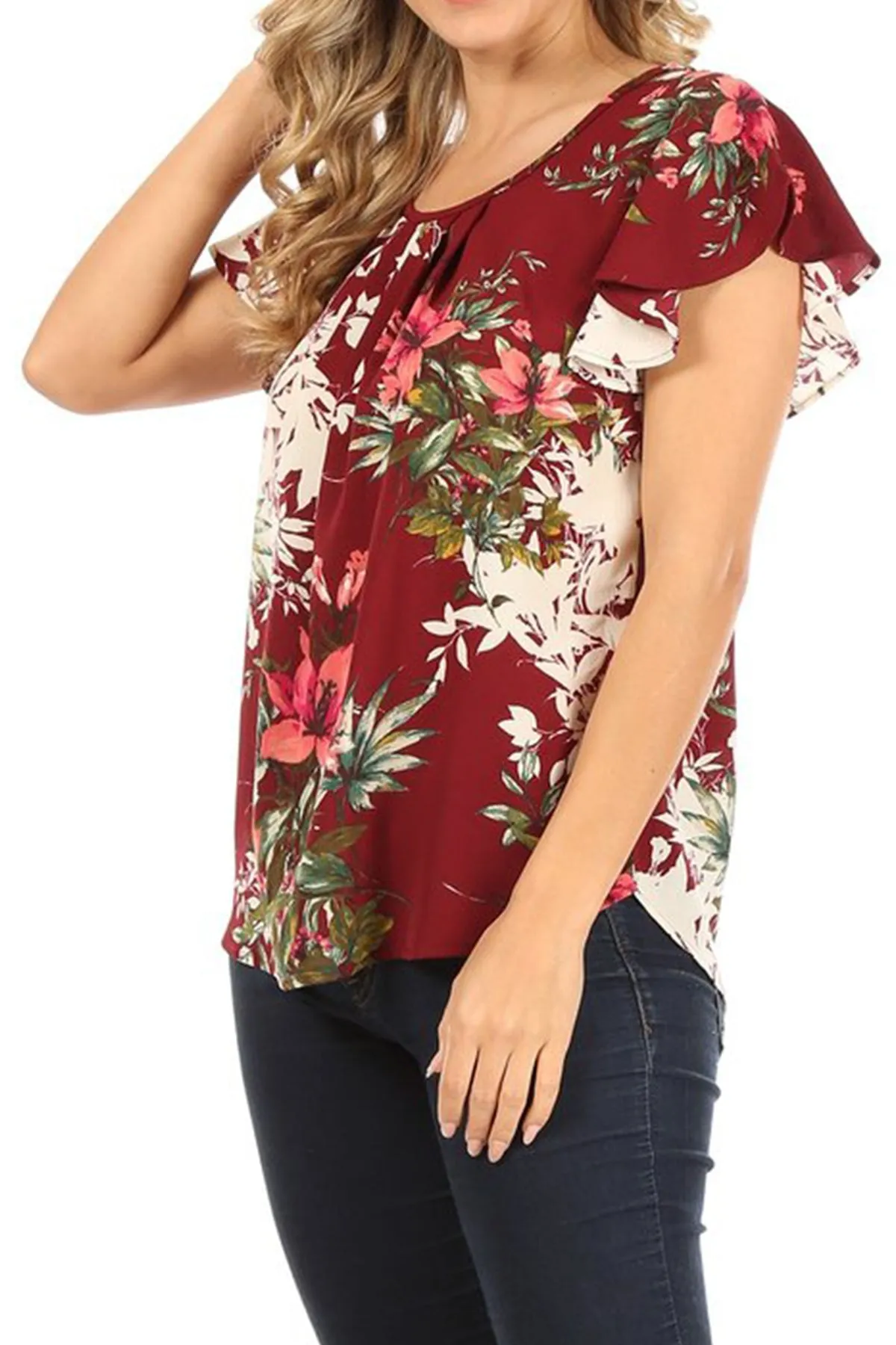 Women's Lightweight Floral Printed Ruffled Short Sleeve Back Tie Casual Blouse Top S-3XL