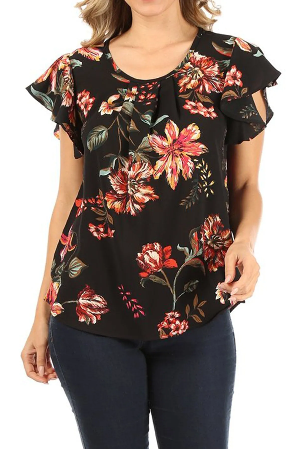 Women's Lightweight Floral Printed Ruffled Short Sleeve Back Tie Casual Blouse Top S-3XL