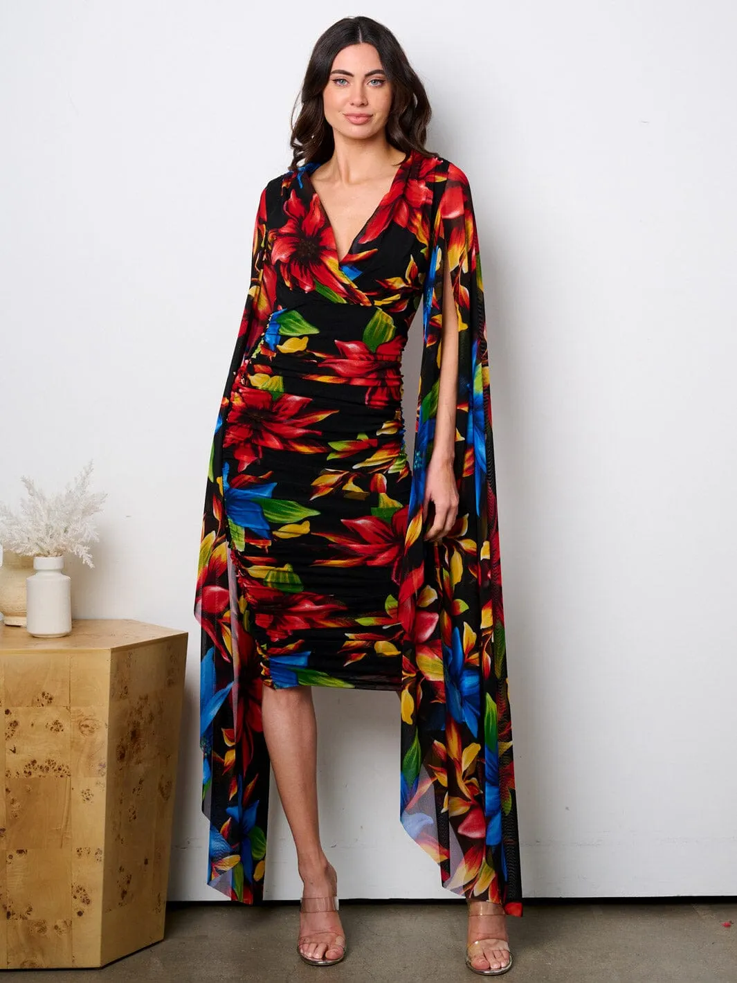 WOMEN'S LONG BELL SLEEVE V-NECK RUCHED FLORAL MIDI DRESS