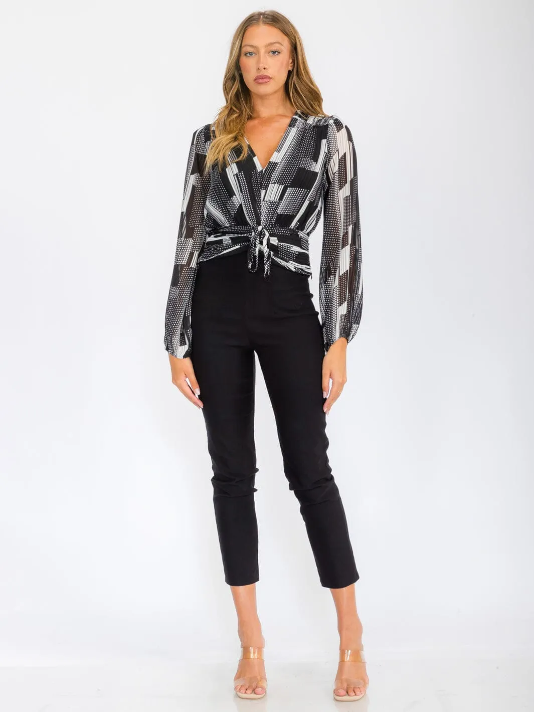 WOMEN'S LONG SLEEVE V-NECK FRONT RUCHED PRINTED BLOUSE TOP