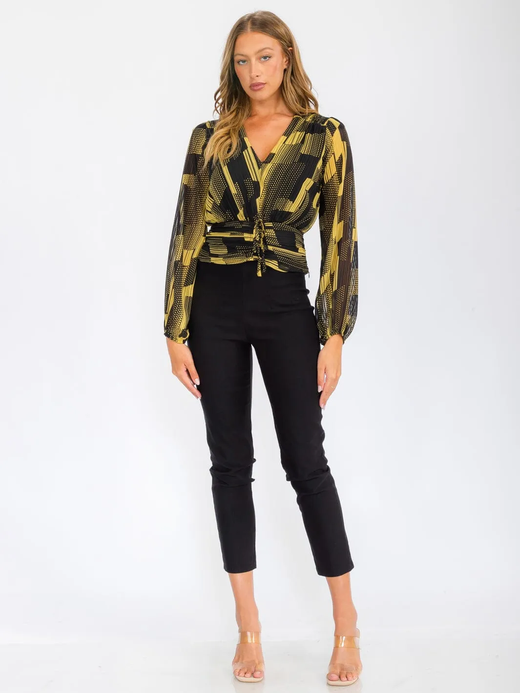 WOMEN'S LONG SLEEVE V-NECK FRONT RUCHED PRINTED BLOUSE TOP