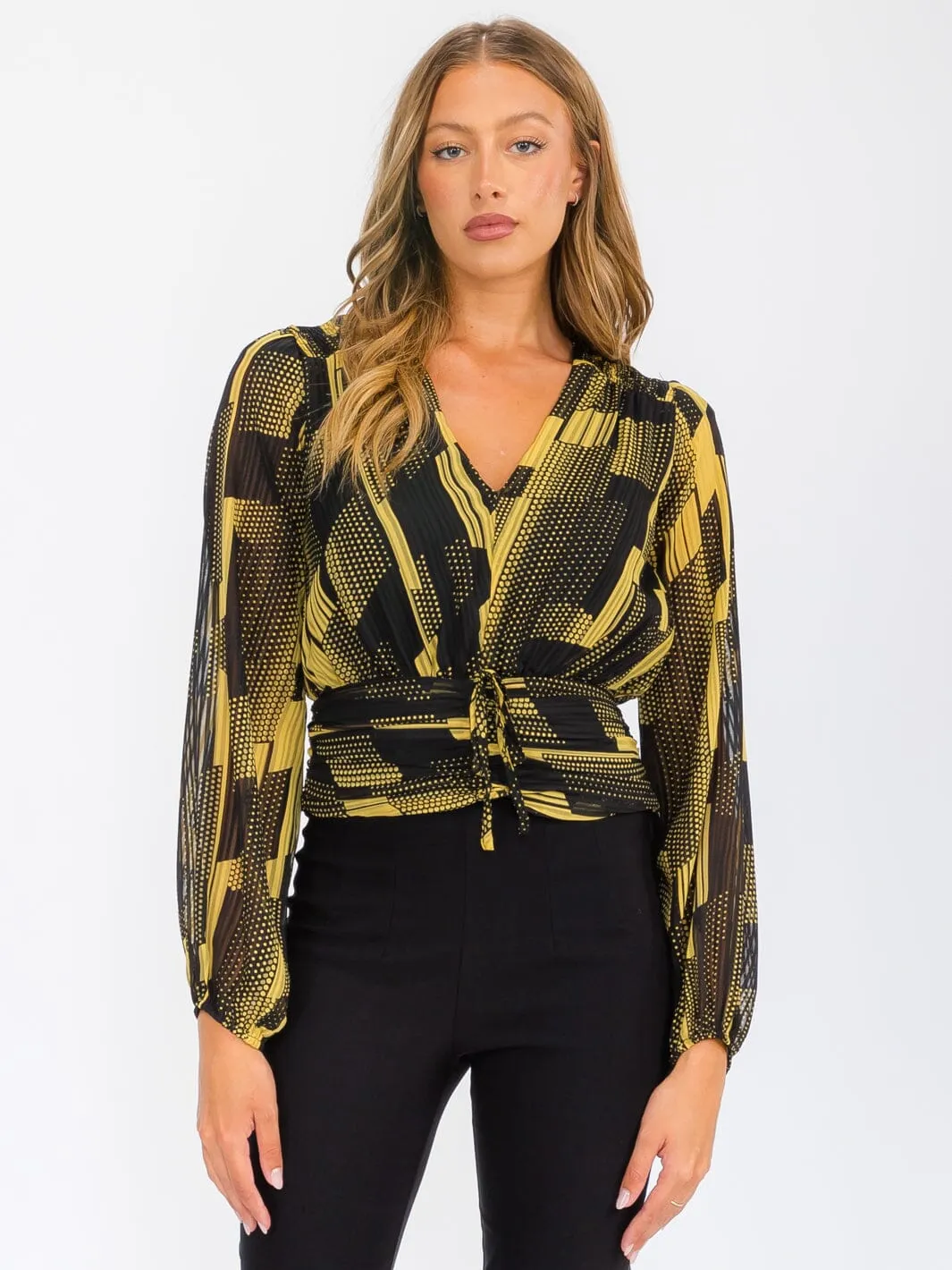 WOMEN'S LONG SLEEVE V-NECK FRONT RUCHED PRINTED BLOUSE TOP