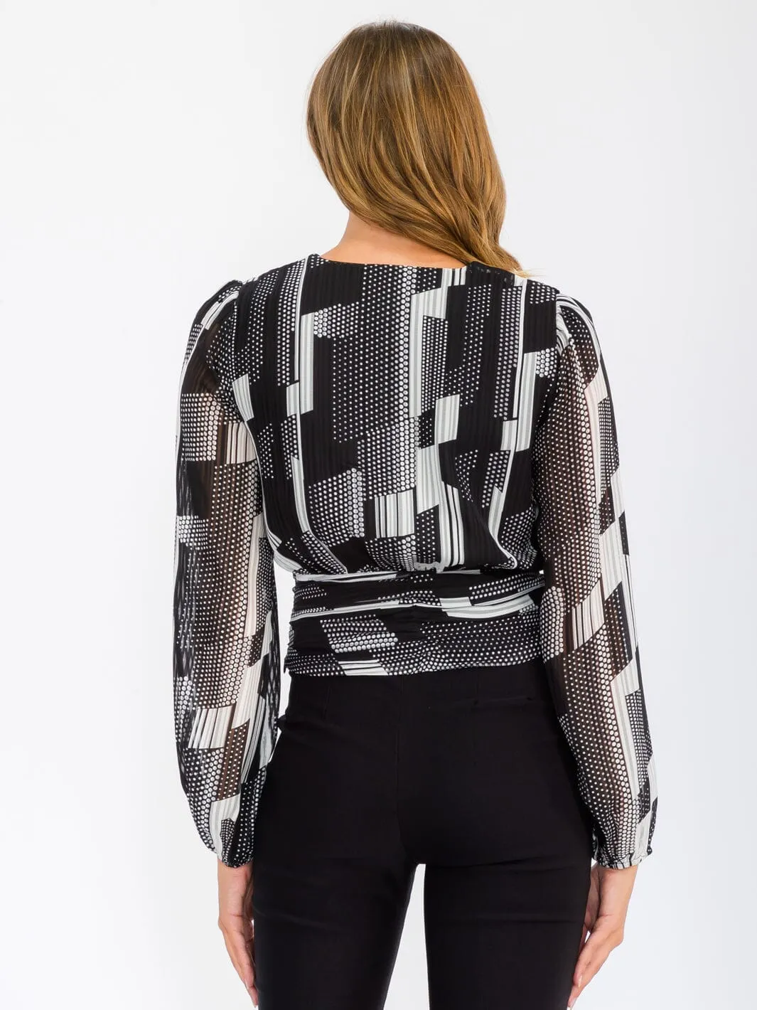 WOMEN'S LONG SLEEVE V-NECK FRONT RUCHED PRINTED BLOUSE TOP