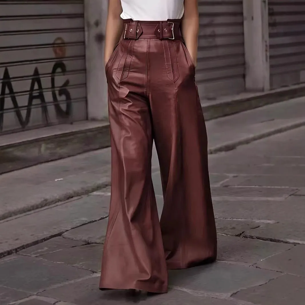 Women’s PU Leather Pants - High Waisted - Wide Leg - Belted Waist - Side Pockets