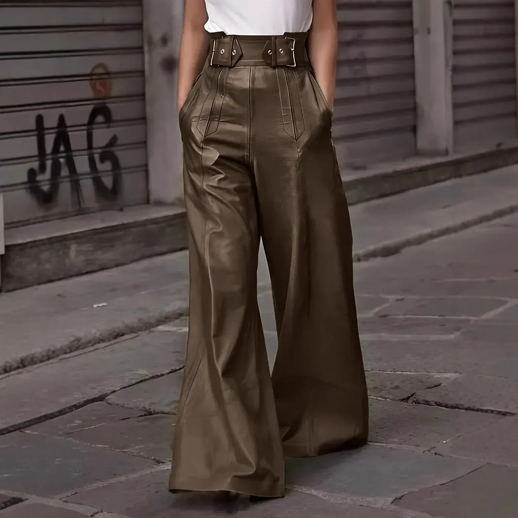 Women’s PU Leather Pants - High Waisted - Wide Leg - Belted Waist - Side Pockets