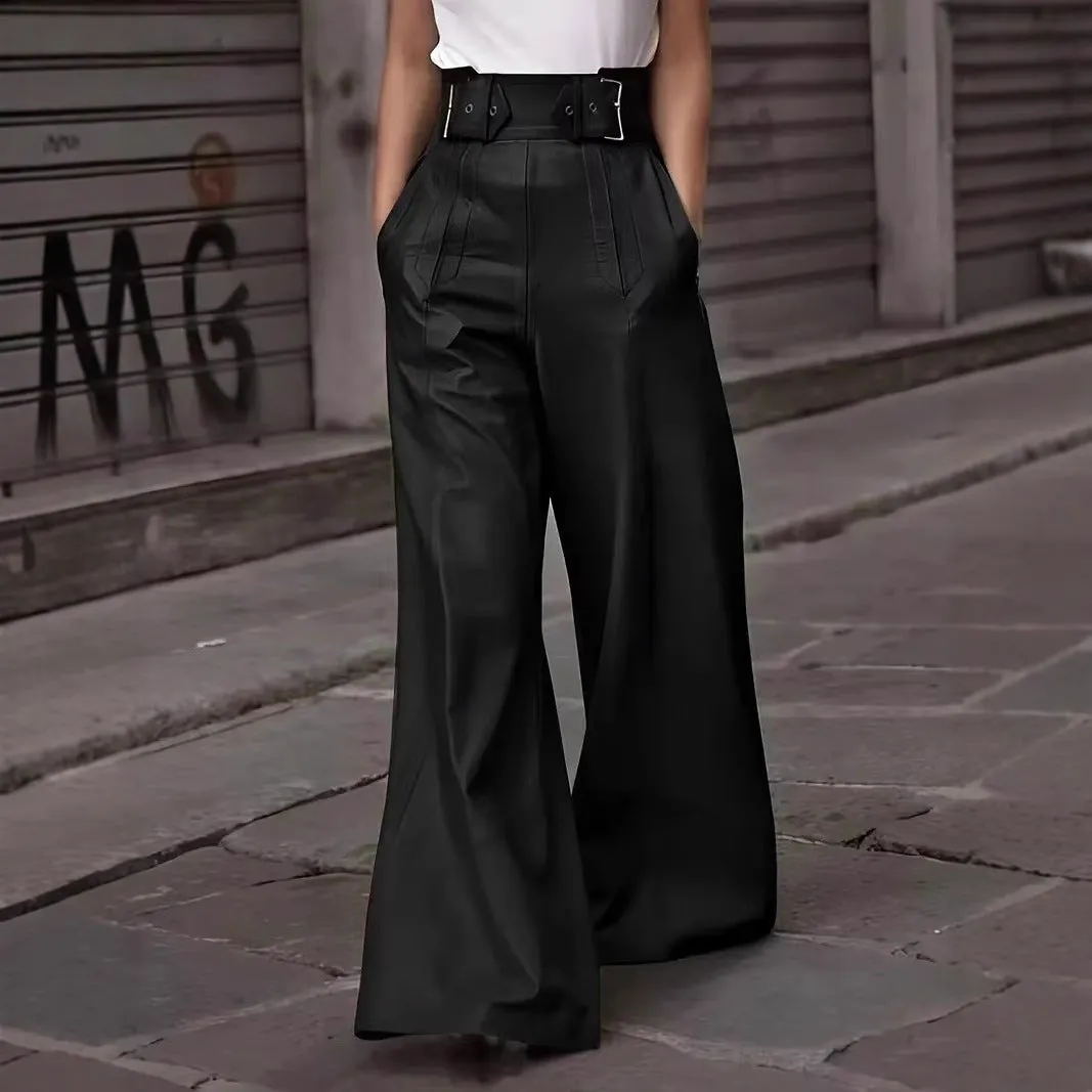 Women’s PU Leather Pants - High Waisted - Wide Leg - Belted Waist - Side Pockets
