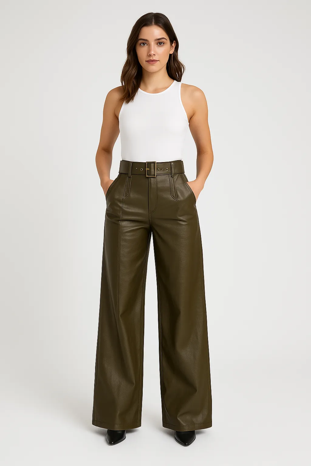 Women’s PU Leather Pants - High Waisted - Wide Leg - Belted Waist - Side Pockets