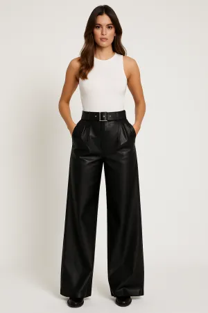Women’s PU Leather Pants - High Waisted - Wide Leg - Belted Waist - Side Pockets