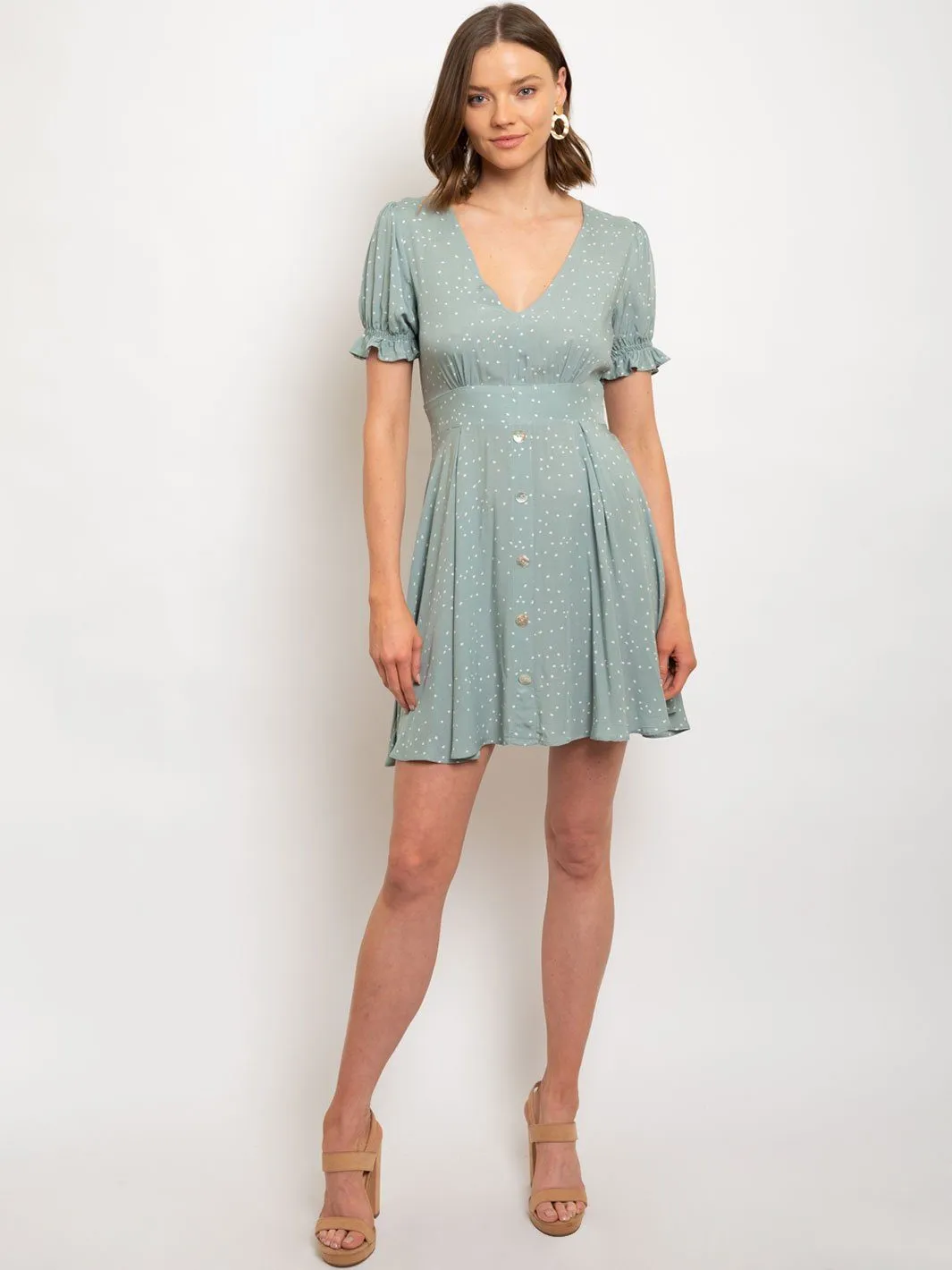 WOMEN'S RUFFLED SLEEVE BABYDOLL WITH BUTTON ACCENT DRESS