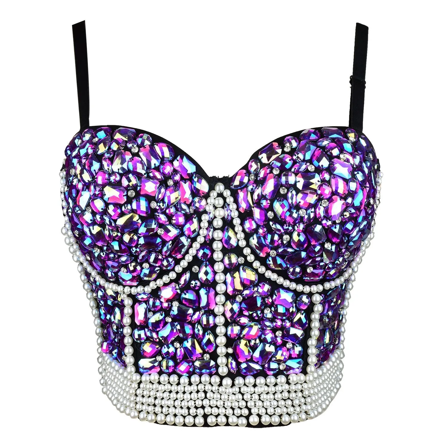 Women's Sexy Rhinestone Bead Bustier Crop Top Club Party Glitter Corset Top Bra Purple