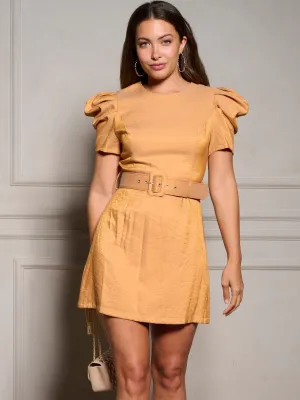 WOMEN'S SHORT PUFF SLEEVE BELTED MINI DRESS