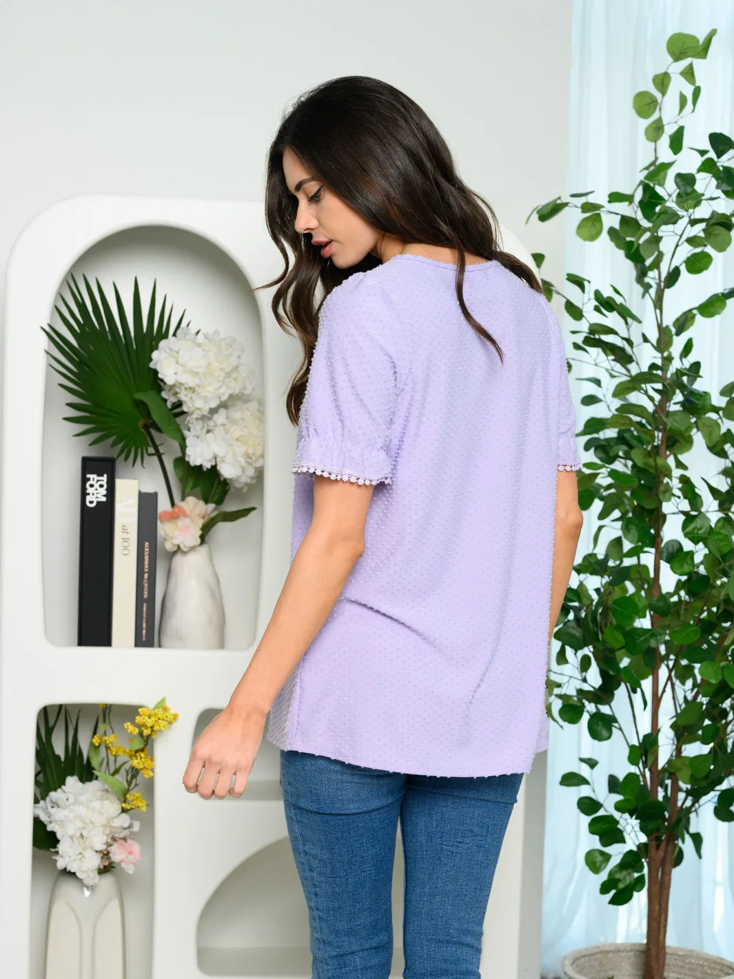 WOMEN'S SHORT SLEEVE RUFFLE DOTTED TOP