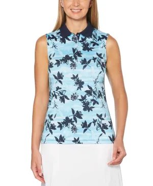 Womens Sleeveless Blue Floral Print Polo