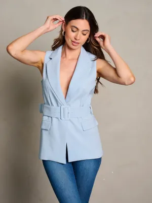 WOMEN'S SLEEVELESS BUTTON CLOSURE BELTED VEST