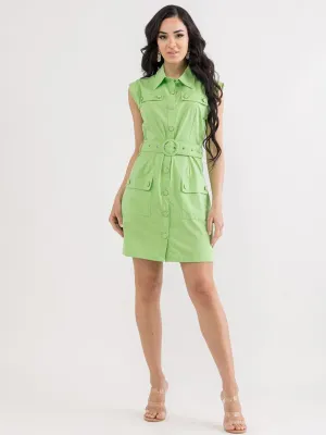 WOMEN'S SLEEVELESS BUTTON UP POCKETS BELTED MINI DRESS
