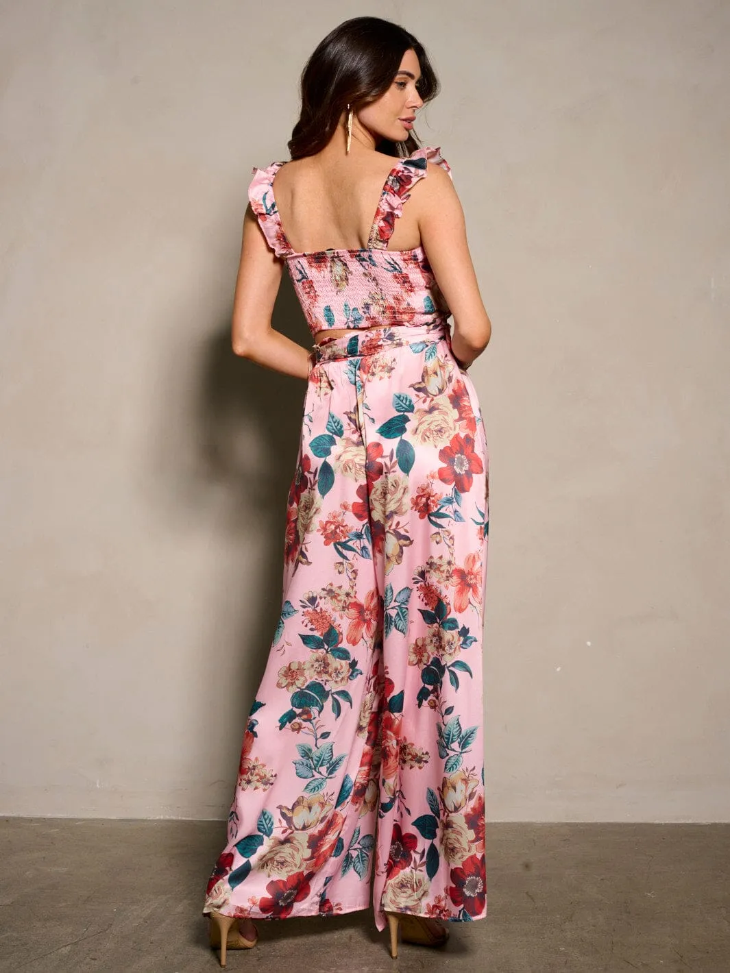 WOMEN'S SLEEVELESS CROP TOP & BELTED PANTS FLORAL 2PC. SET