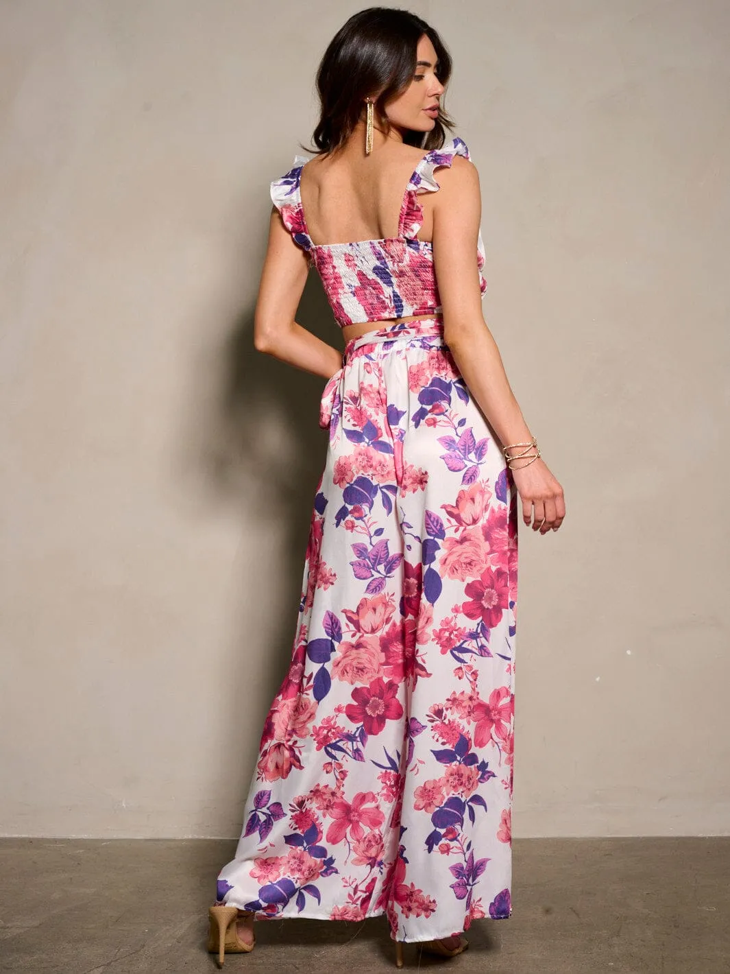 WOMEN'S SLEEVELESS CROP TOP & BELTED PANTS FLORAL 2PC. SET