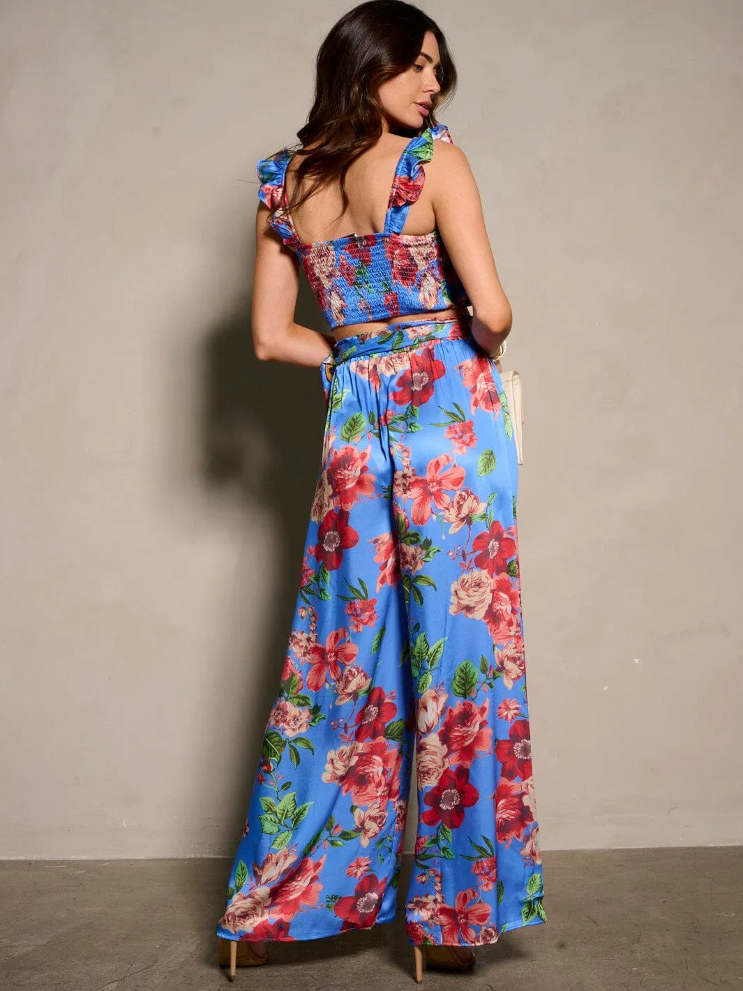 WOMEN'S SLEEVELESS CROP TOP & BELTED PANTS FLORAL 2PC. SET