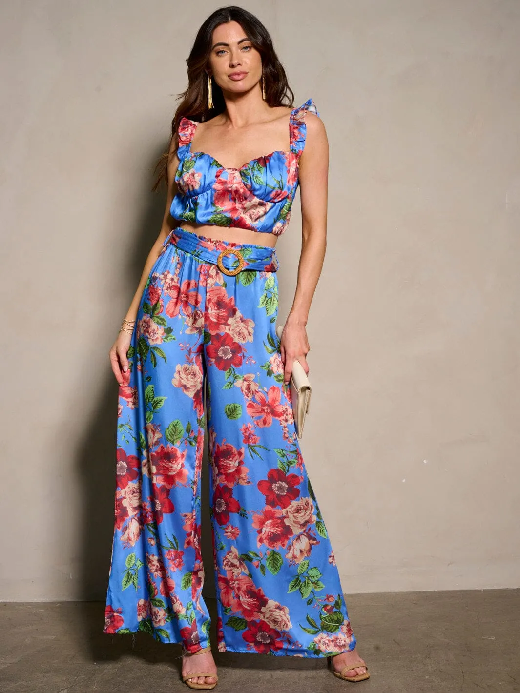 WOMEN'S SLEEVELESS CROP TOP & BELTED PANTS FLORAL 2PC. SET
