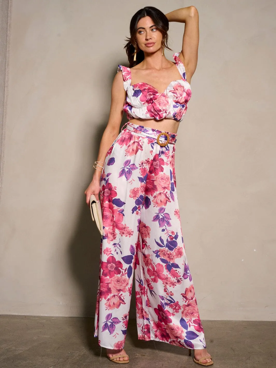 WOMEN'S SLEEVELESS CROP TOP & BELTED PANTS FLORAL 2PC. SET