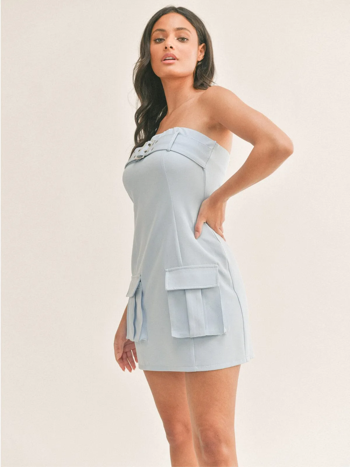 WOMEN'S SLEEVELESS FRONT POCKETS BELTED TUBE BODYCON MINI DRESS