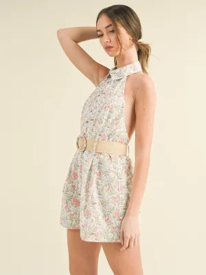 WOMEN'S SLEEVELESS HALTER NECK OPEN BACK FLORAL BELTED ROMPER