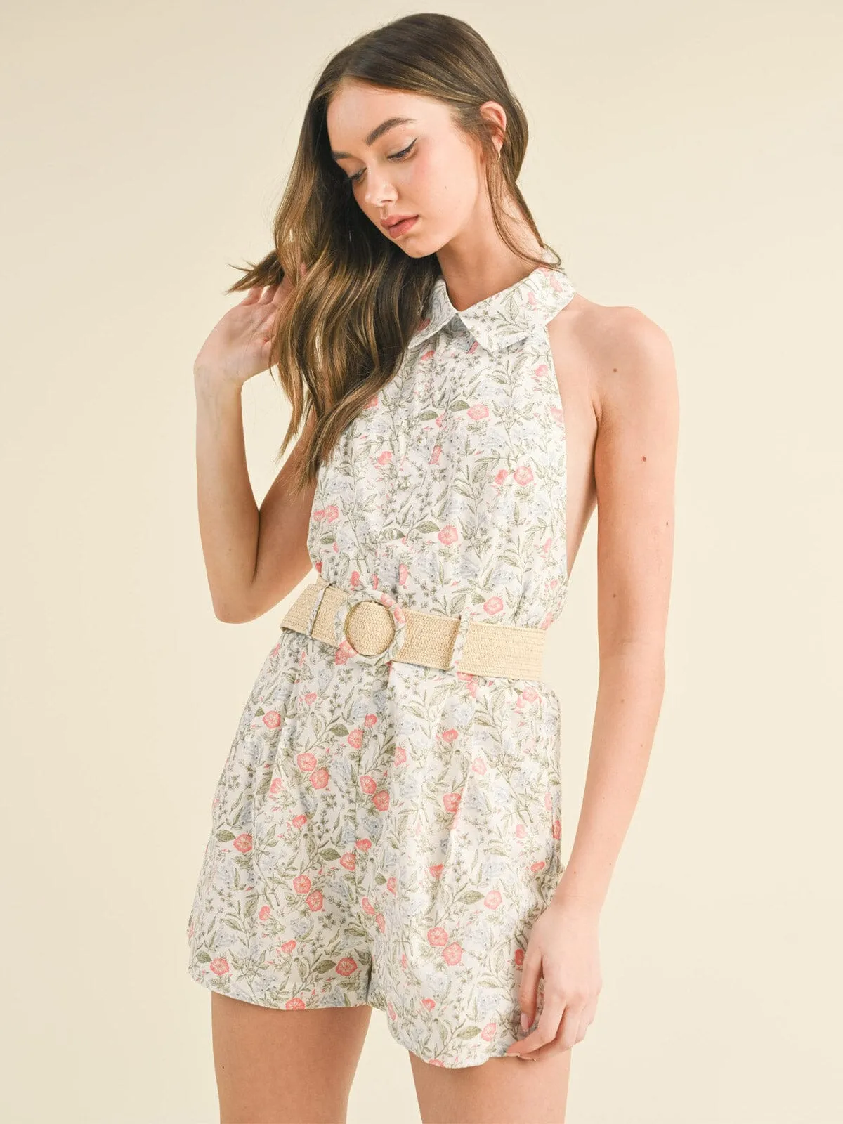 WOMEN'S SLEEVELESS HALTER NECK OPEN BACK FLORAL BELTED ROMPER