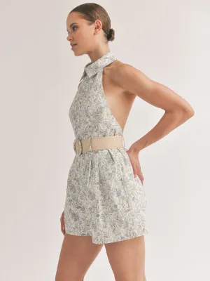 WOMEN'S SLEEVELESS HALTER NECK OPEN BACK FLORAL BELTED ROMPER