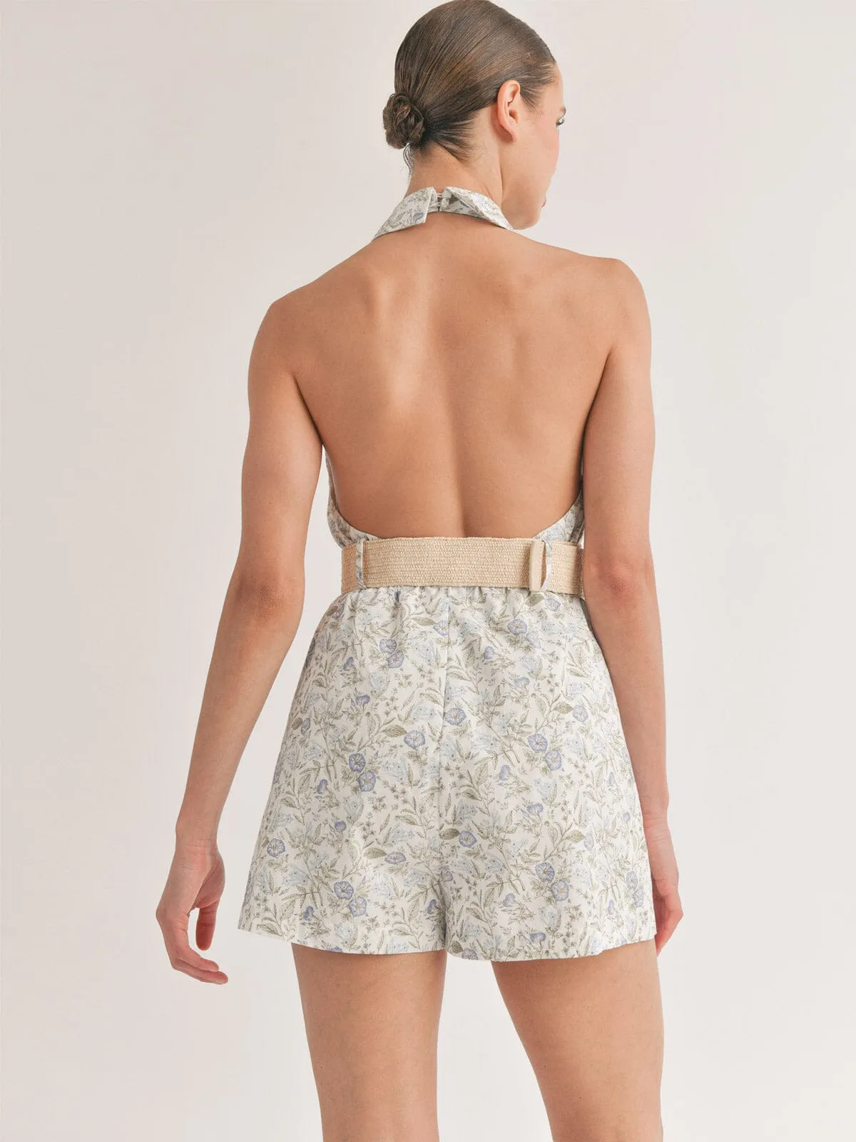 WOMEN'S SLEEVELESS HALTER NECK OPEN BACK FLORAL BELTED ROMPER