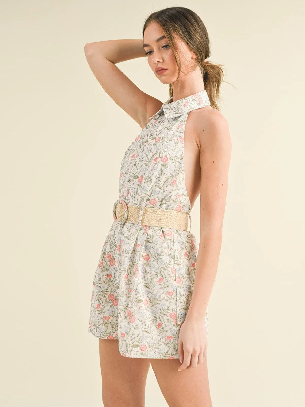 WOMEN'S SLEEVELESS HALTER NECK OPEN BACK FLORAL BELTED ROMPER