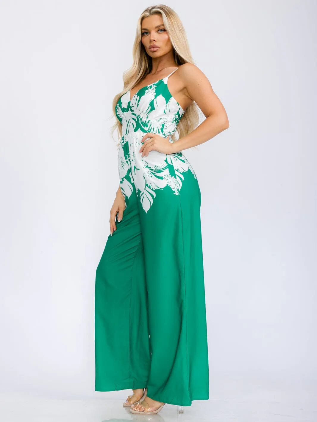 WOMEN'S SLEEVELESS V-NECK BELTED MULTI PRINT WIDE LEG JUMPSUIT