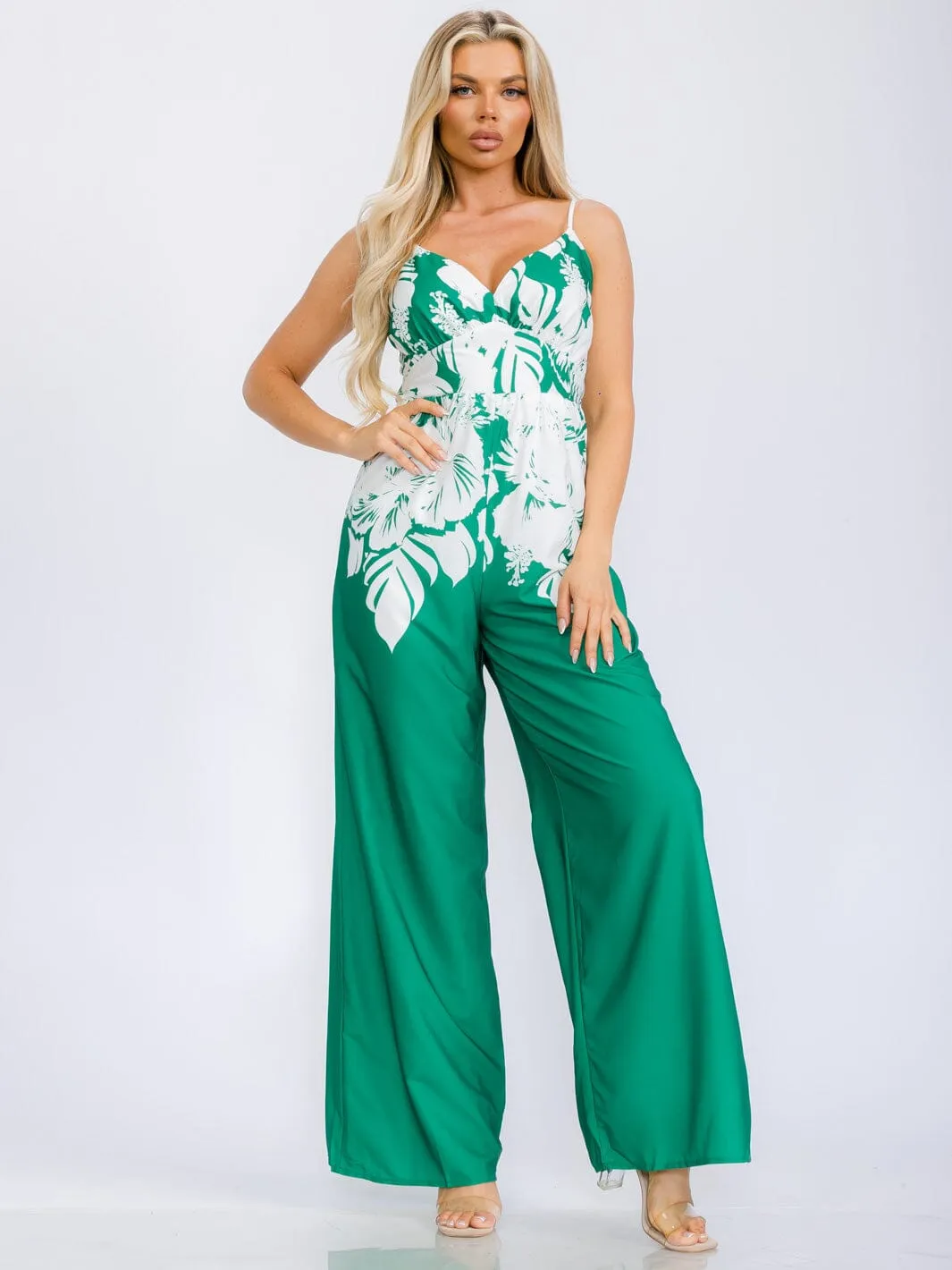 WOMEN'S SLEEVELESS V-NECK BELTED MULTI PRINT WIDE LEG JUMPSUIT