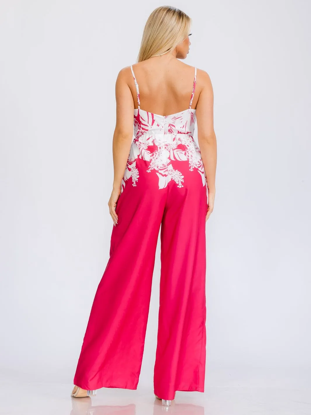 WOMEN'S SLEEVELESS V-NECK BELTED MULTI PRINT WIDE LEG JUMPSUIT