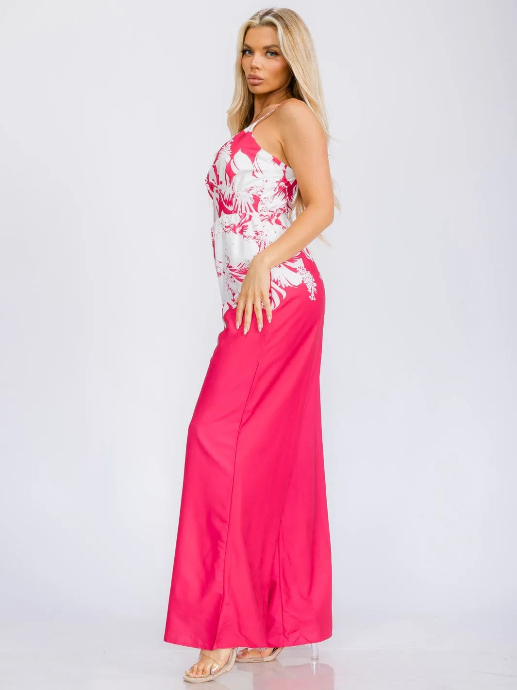 WOMEN'S SLEEVELESS V-NECK BELTED MULTI PRINT WIDE LEG JUMPSUIT