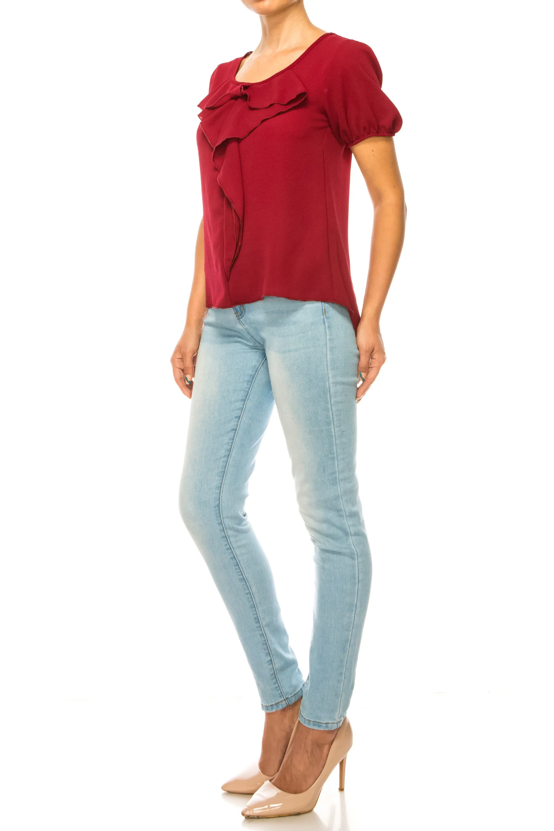Women's Solid Color Ruffled Detail Tunic Top Blouse