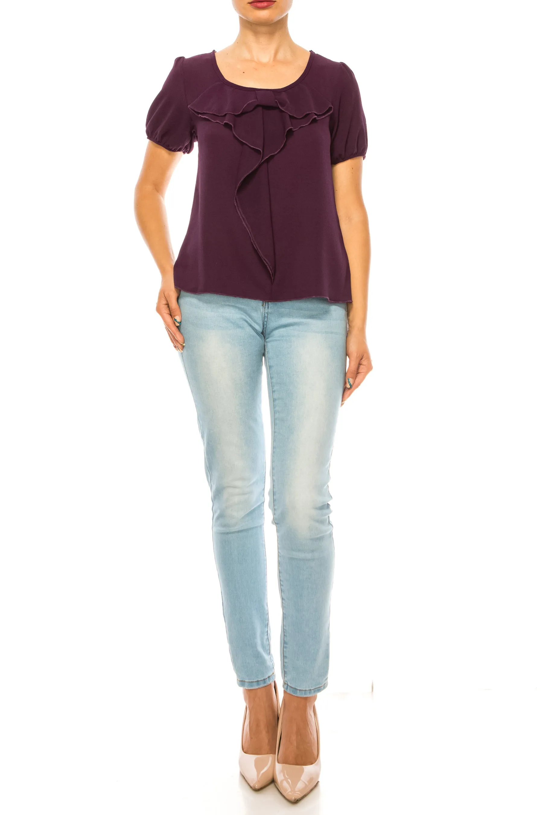 Women's Solid Color Ruffled Detail Tunic Top Blouse