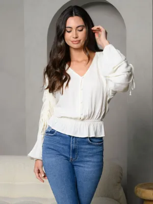 WOMEN'S V-NECK BUTTON DOWN LONG SLEEVE WITH SHIRRING DETAIL TOP