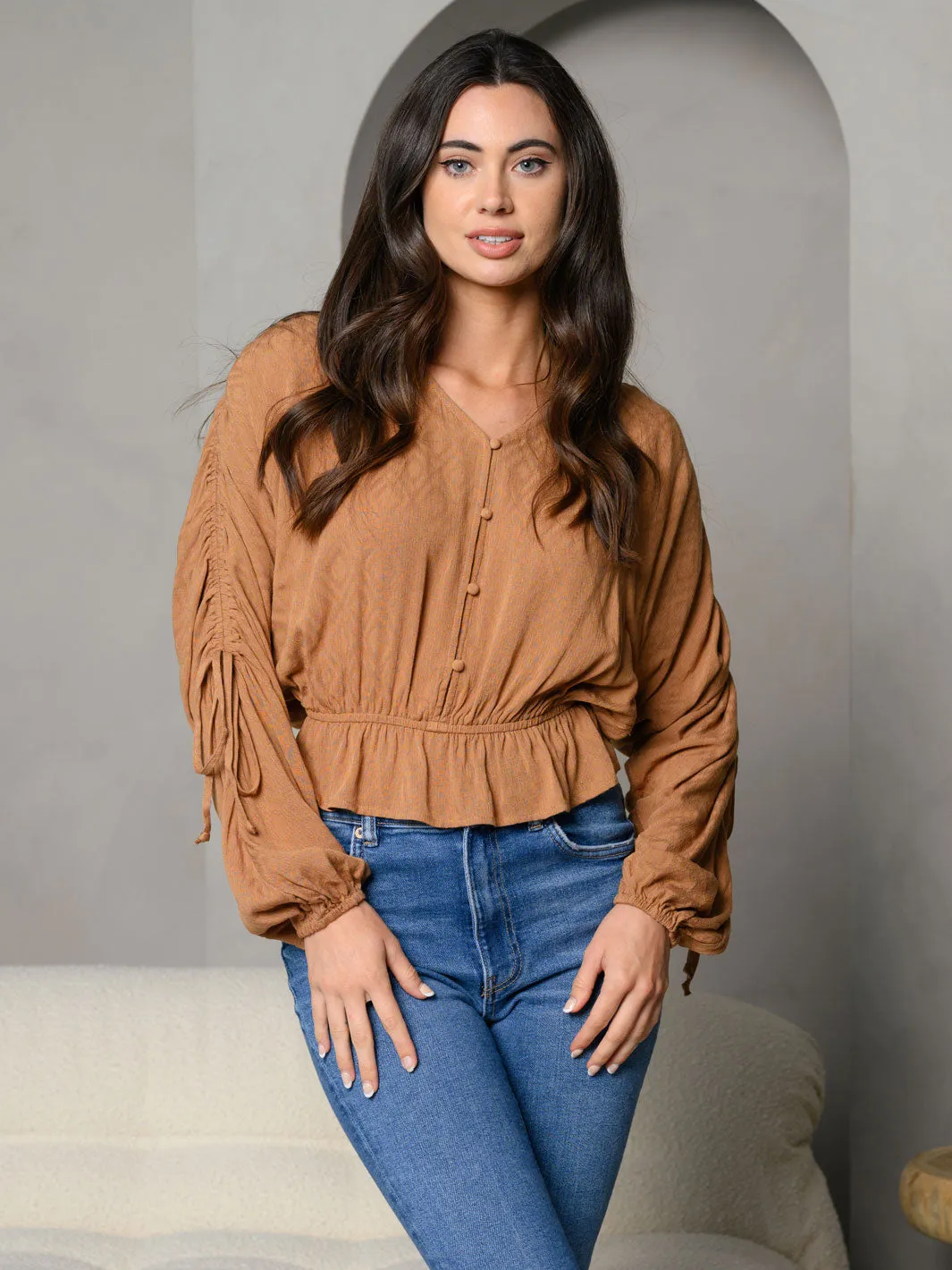 WOMEN'S V-NECK BUTTON DOWN LONG SLEEVE WITH SHIRRING DETAIL TOP