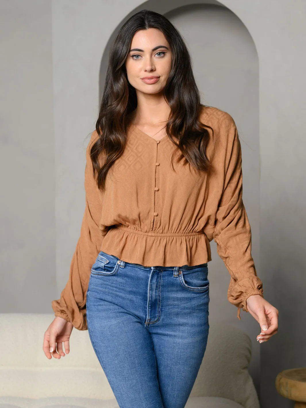 WOMEN'S V-NECK BUTTON DOWN LONG SLEEVE WITH SHIRRING DETAIL TOP