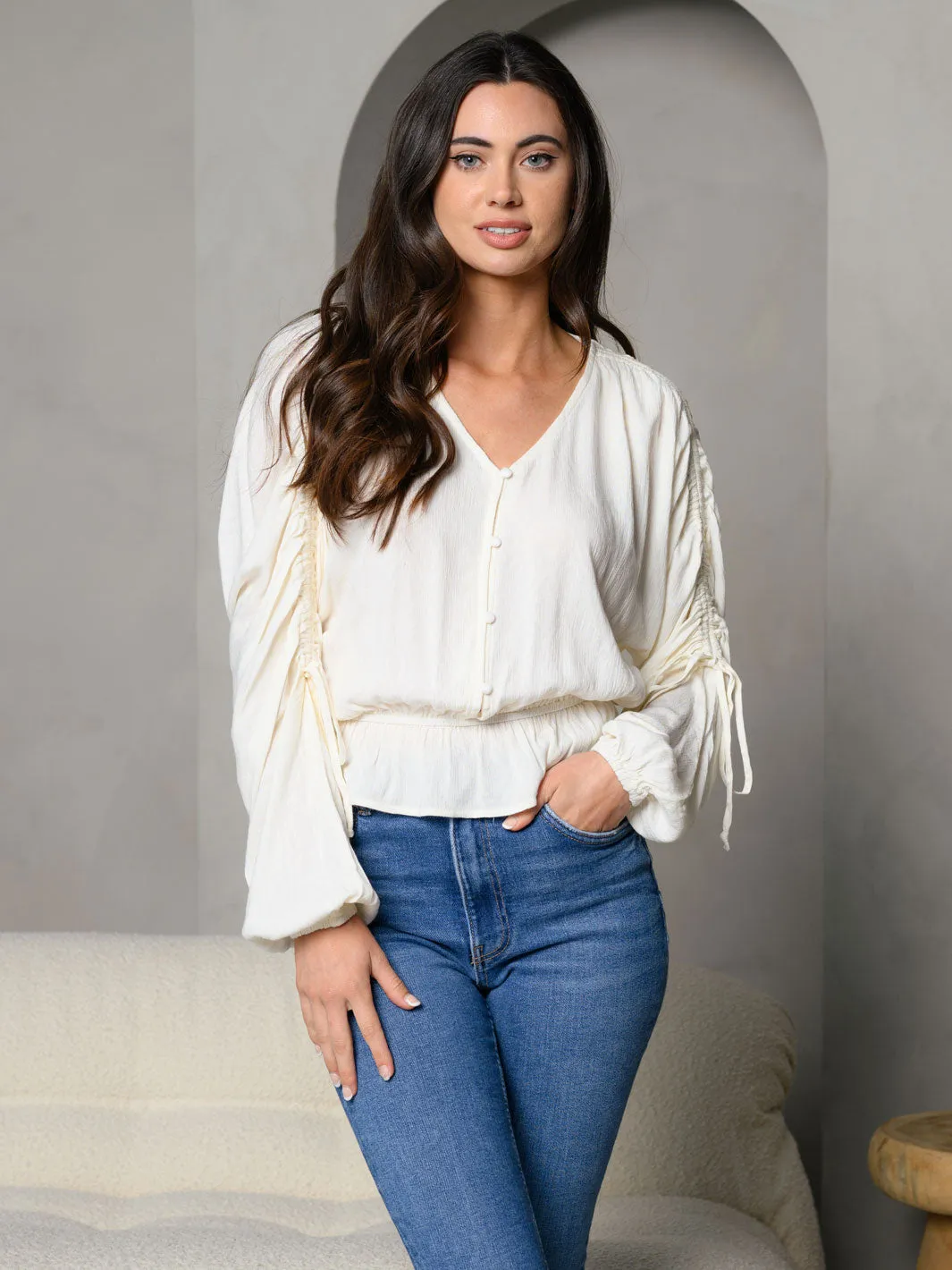 WOMEN'S V-NECK BUTTON DOWN LONG SLEEVE WITH SHIRRING DETAIL TOP