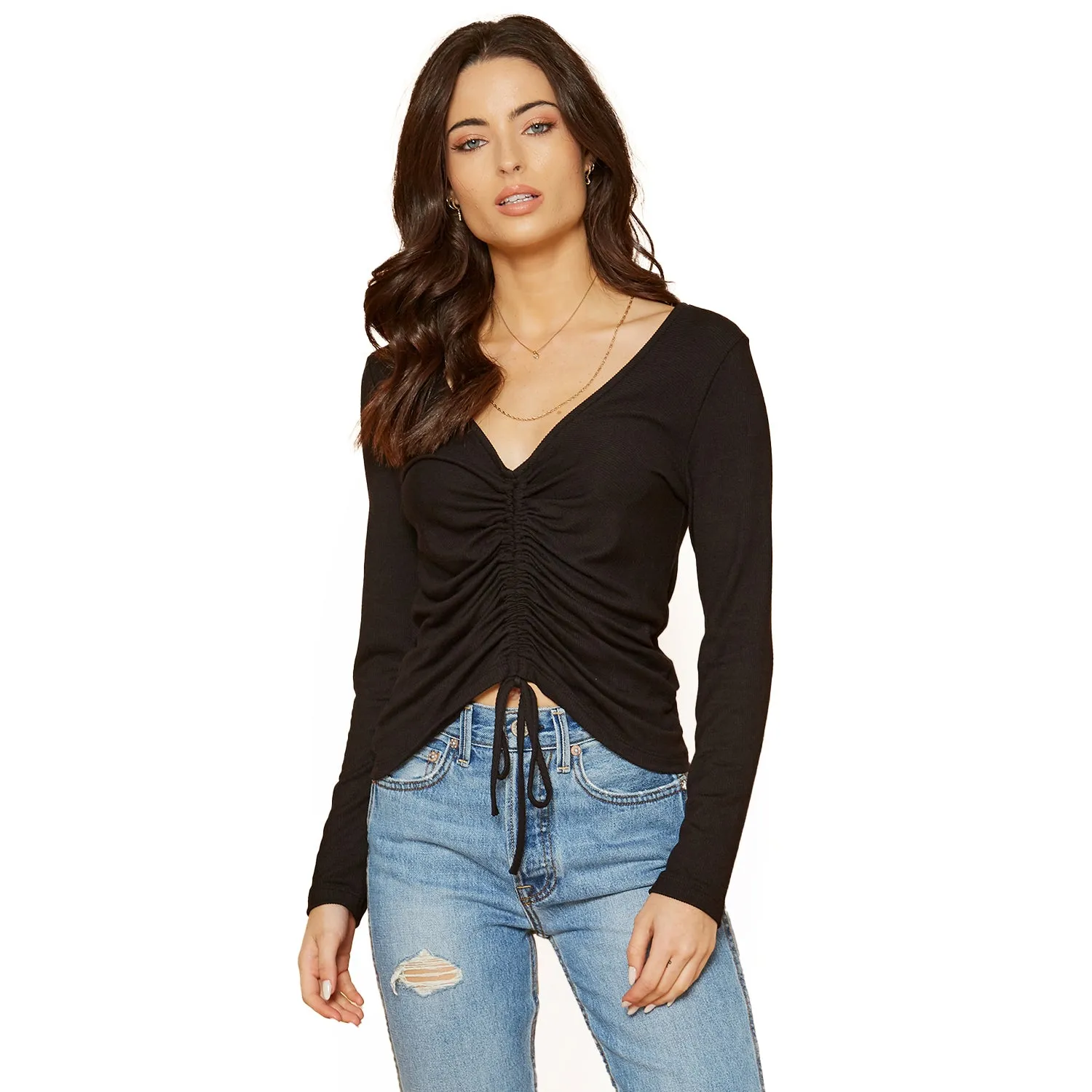 Women's V-Neck Ruched Top in Black