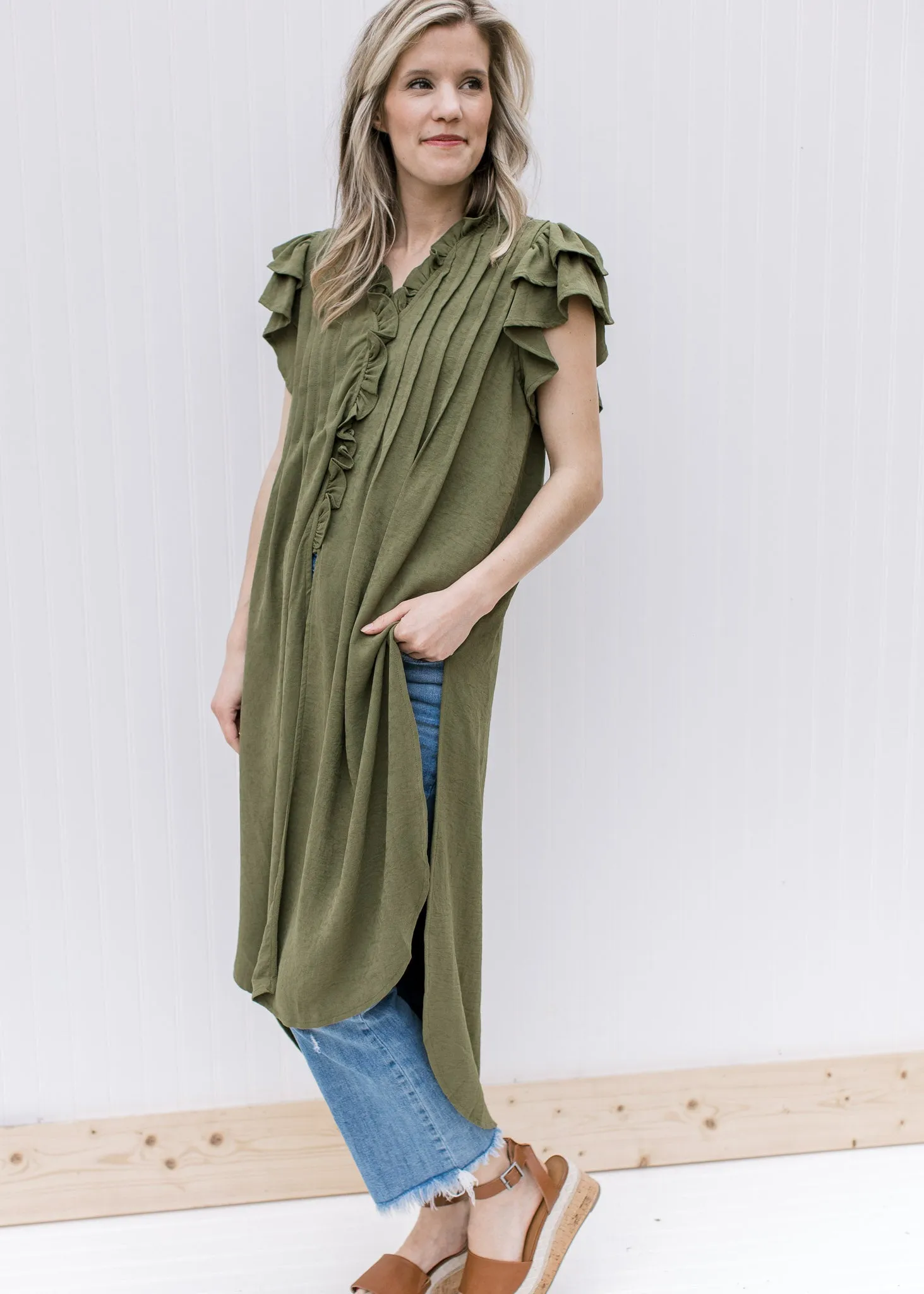 X Olive Ruffled Tunic