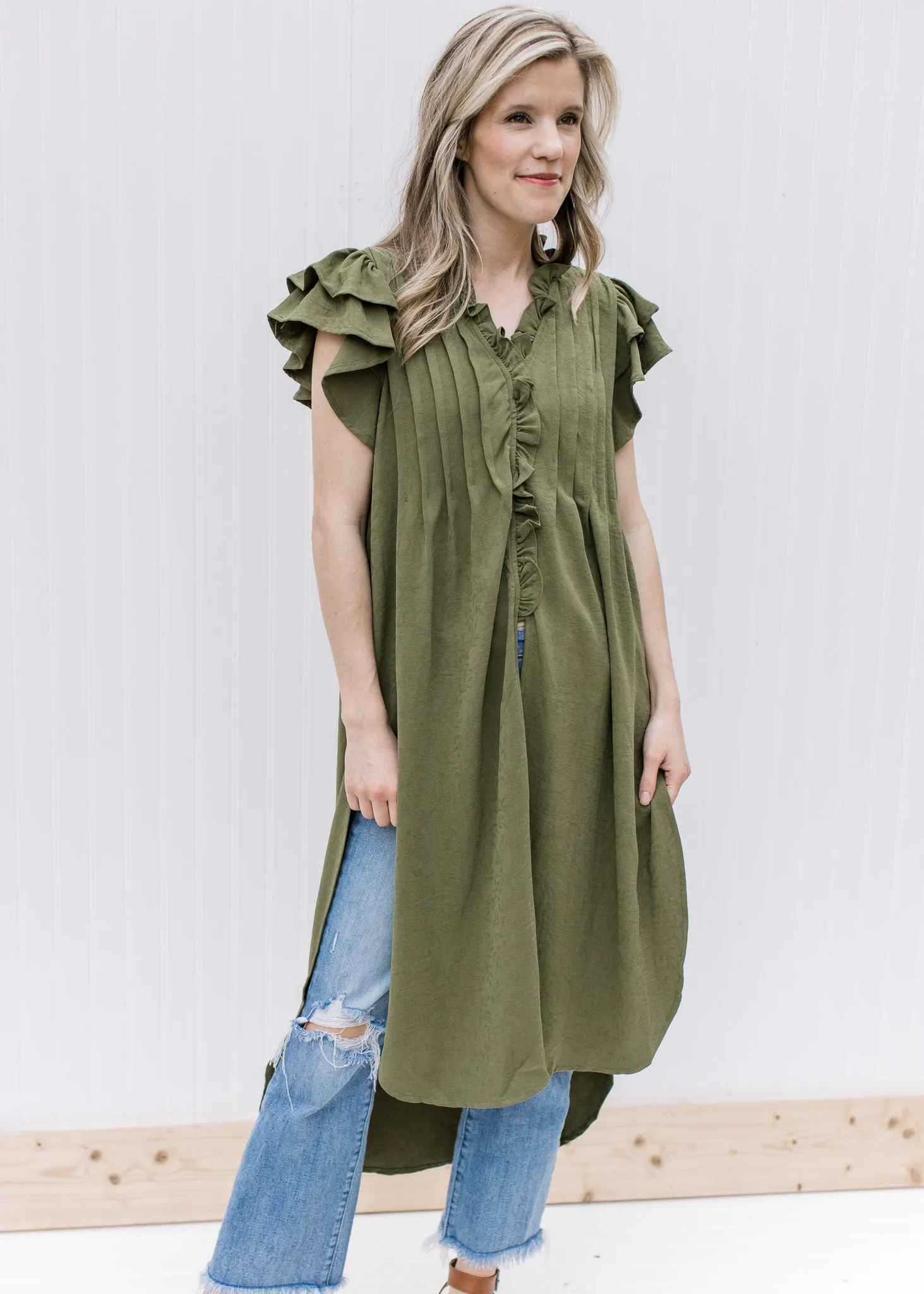 X Olive Ruffled Tunic