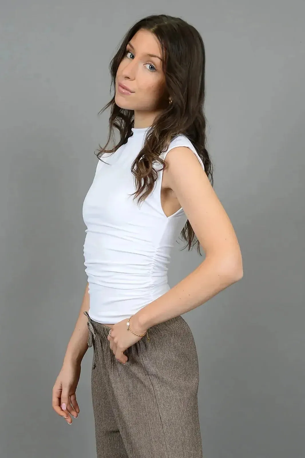 Yve Ruched Mock Neck Tank - White