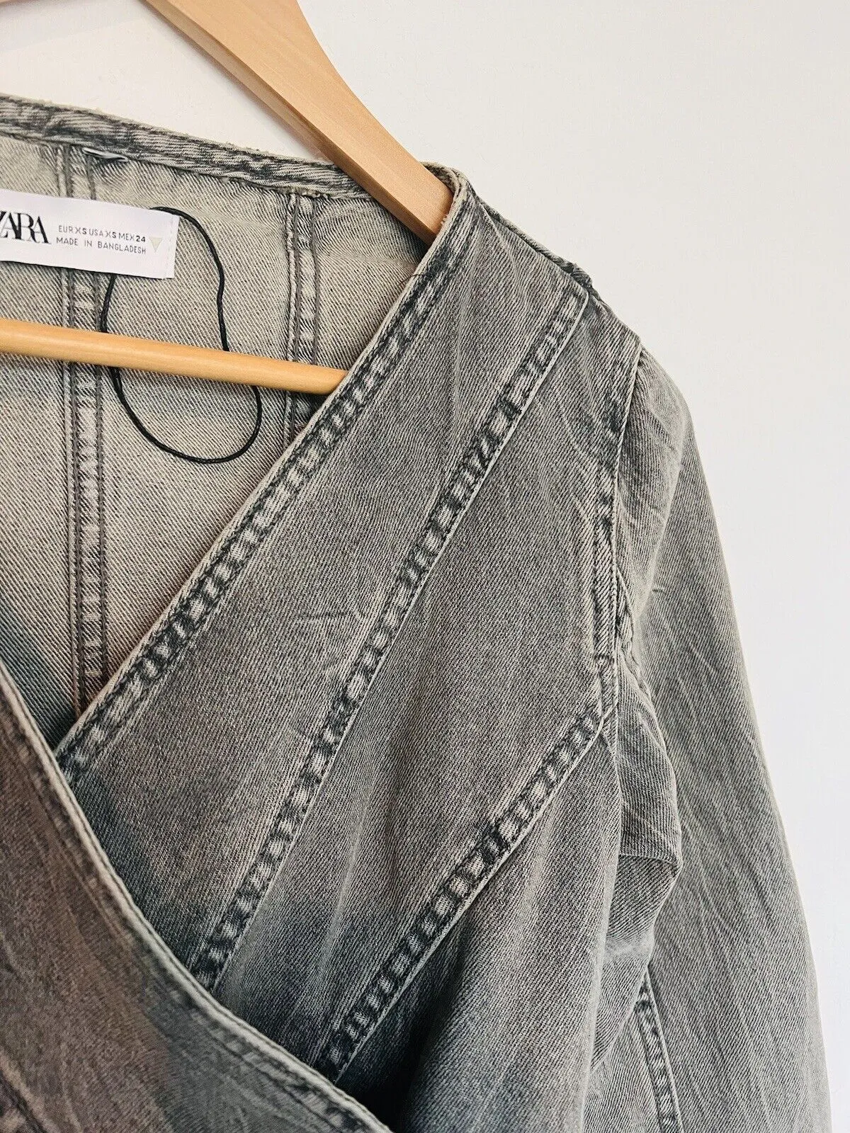 ZARA Womens Tie Wrap Front Gray Denim Top Sz XS Gray Shirt Long Sleeve Y2K